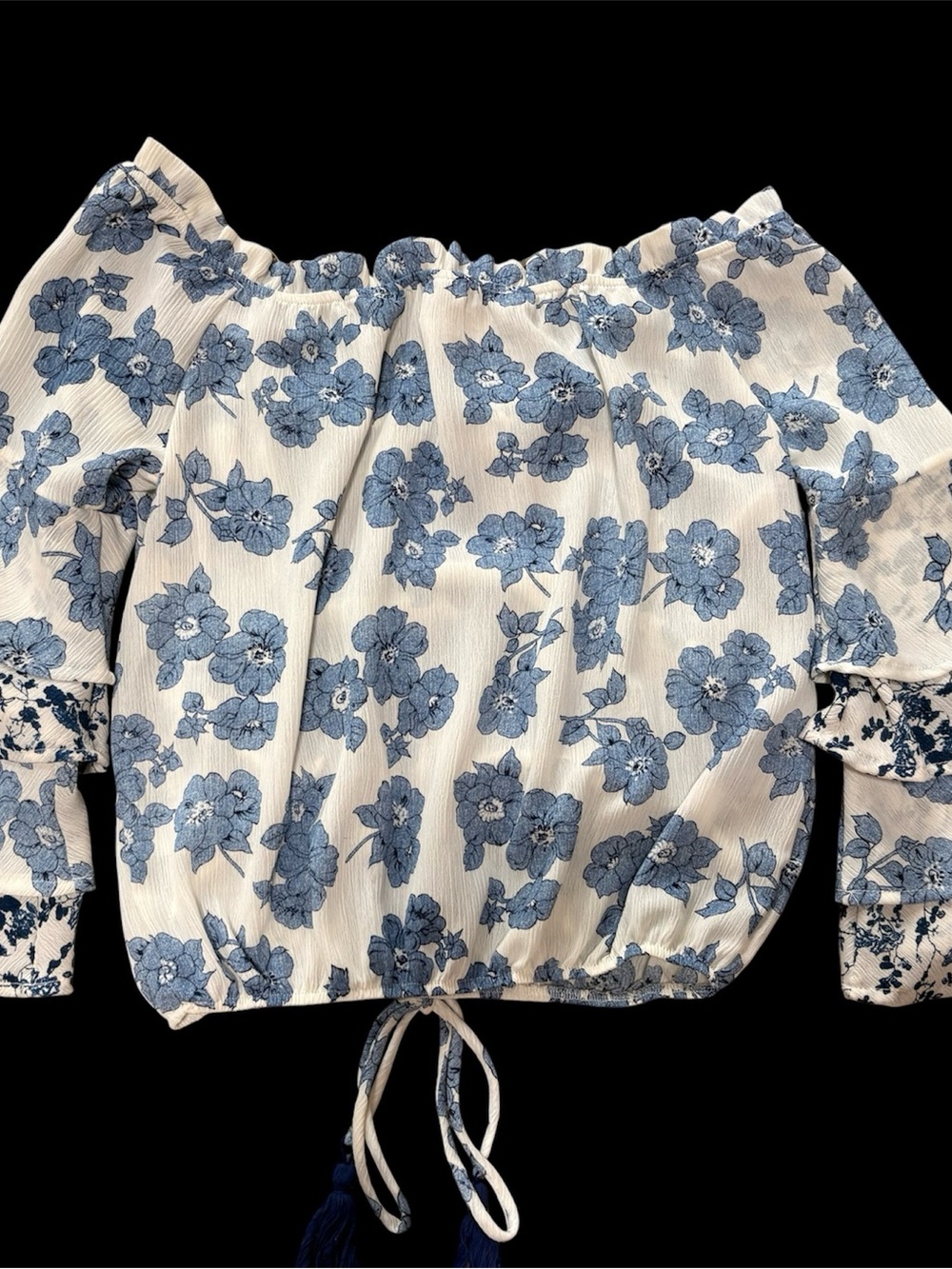 Vintage Havana Blue Floral Off Shoulder Peasant Blouse Ruffle Sleeve Top S - NWT - Picture 2 of 4